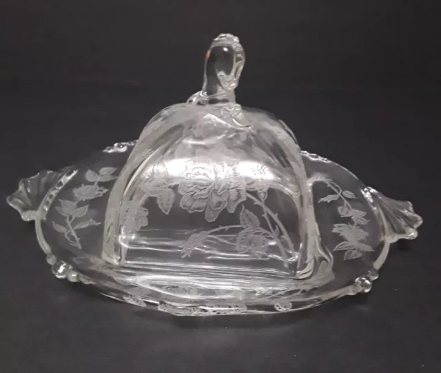 HEISEY CRYSTAL ROSE ETCH PATTERN Butter Dish with Seahorse Handle