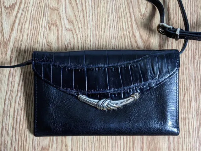 Brighton Black Leather Croc Embossed Clutch Wallet Checkbook & Shoulder Strap