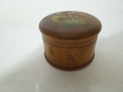Antique Wood Trinket Box Round 2 1/2" Diameter Hand Painted Mushroom Design Lid