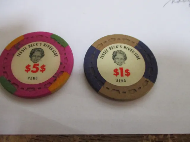 Lot Of 2 Riverside Jessie Beck's  Casino Chips.  Reno 5.00 And 1.00 Obsolete.