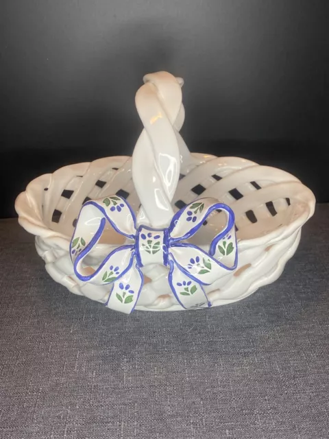 Berardos Vintage White & Blue Ceramic Oval Basket w/ Bow Centerpiece or Serving