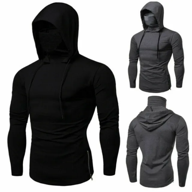 Mens Sports Snood Neck Hoodie Hooded Gym Pullover Tops with Face Mask Sweatshirt