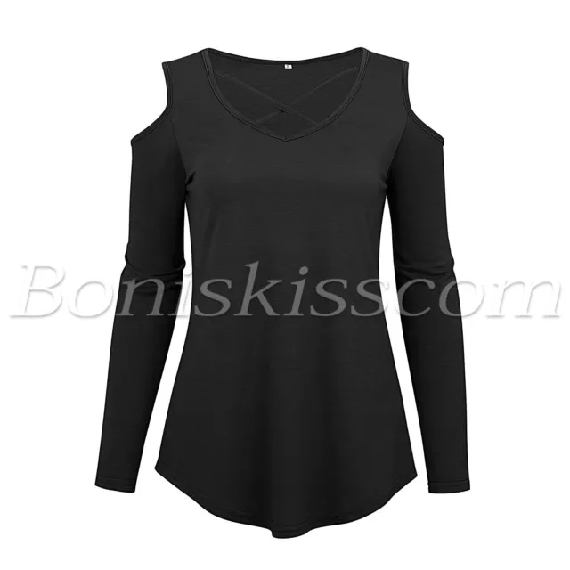 Women Cold Shoulder Long Sleeves V Neck Tops Cross Casual Tunic Blouse T-Shirts