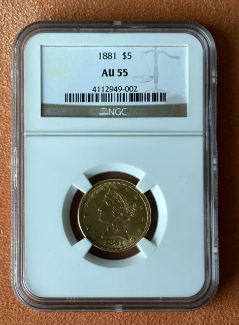 1881 $5 Gold Liberty Head, Half Eagle Coin AU 55 NGC About Uncirculated