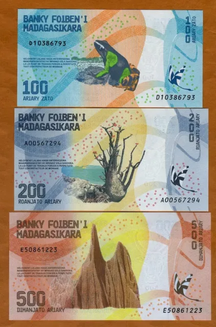 SET Madagascar, 100;200;500 Ariary, 2017 P-97-98-99 UNC Completely Redesigned
