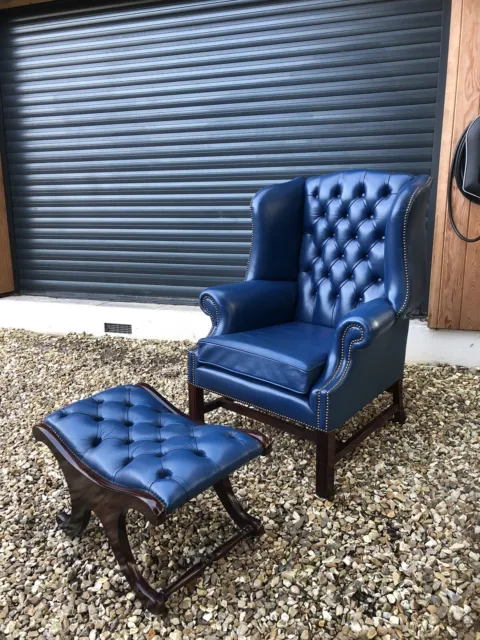 Rare Vintage Blue Chesterfield Full Leather Wingback Armchair & Footstool M4649A