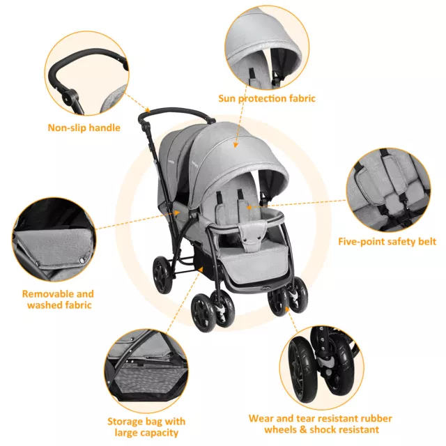 Baby Pram Double Seat Safety Belt Adjustable Backrest Buggy Pushchair Stroller 3