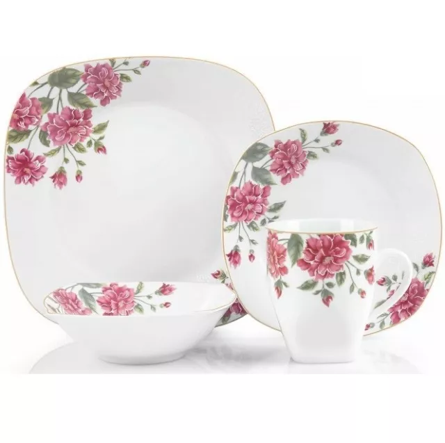 16pcs Square Flower Dinner Set Porcelain Cup Dessert Soup Plate Mug Side