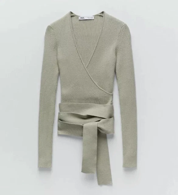 ZARA SAGE GREEN Ribbed Knit Ballet Wrap Cardigan Top Crossover Size M 8