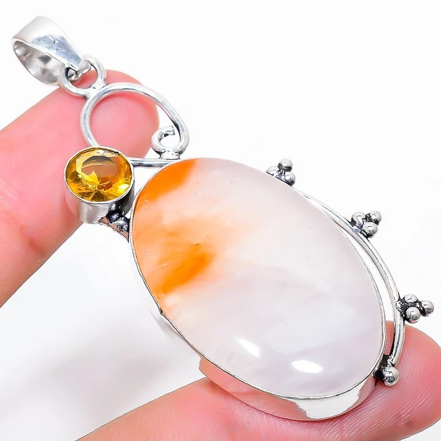 Orange Lace Agate, Citrine Gemstone 925 Sterling Silver Jewelry Pendant 2.64"