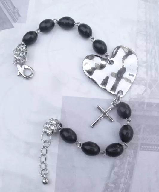 New Heart Cross Rhinestone Flower Vintage Black Rosary Bead Charm Bracelet