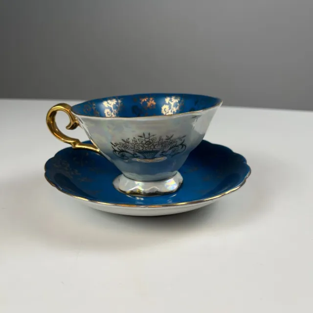 Royal Sealy China Japan tea cup & saucer blue teal and opalescent gold flower