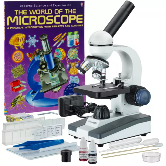 AmScope 40X-1000X Portable Student LED Microscope + Slide Preparation Kit + Book