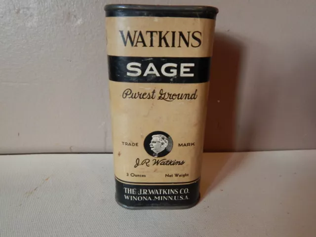 Vintage J.R. WATKINS 3.5 Oz Tin of Ground SAGE w/Product Inside~VG Shape!