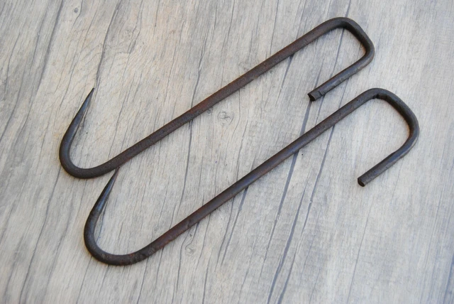 2pcs Vintage large blacksmith forged S meat butcher hanging hook farm decor tool