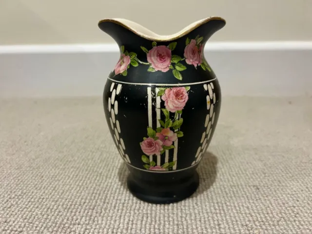 Crown Ducal Black Vase with Pink Roses