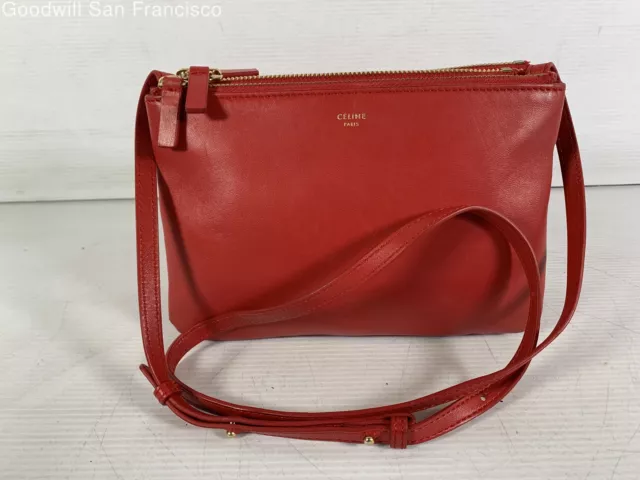 Celine Womens Red Leather Adjustable Strap Italy Classic Crossbody Bag COA