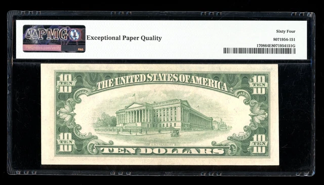 DBR 1953-B $10 Silver Fr. 1708 PMG 64 EPQ Serial A12018270A 2