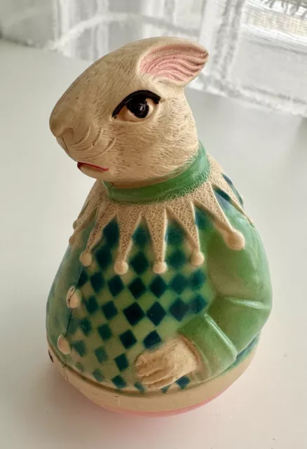 Antique Vintage VTG 3" Viscoloid Celluloid Easter Bunny Rabbit Roly Poly Toy