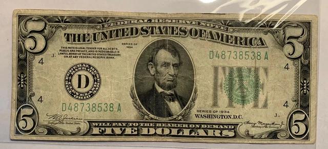 $5 LIGHT GREEN SEAL FIVE DOLLAR Federal Reserve Note Series 1934