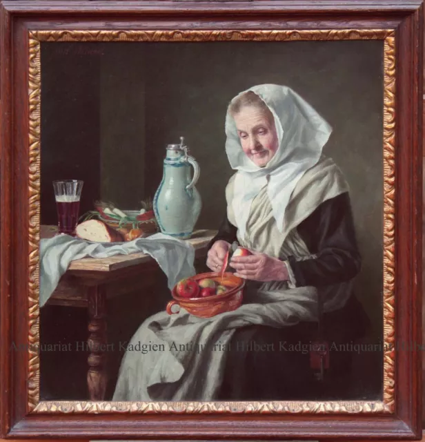 ULMER "Alte Frau, Äpfel schälend" Signiertes Ölbild von ca 1910