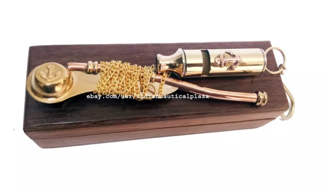 Nautical Maritime Brass/Copper Boatswain Whistle~Bosun Call Pipe~with Wood Box