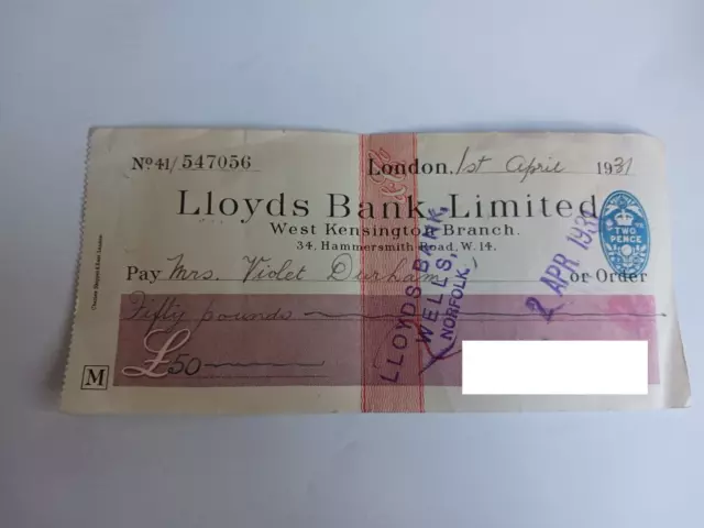 Old Lloyds Bank Ltd. Cheque from 1931