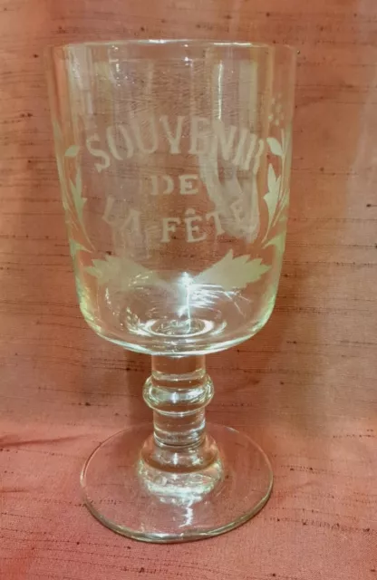 Ancien Verre Souffle Souvenir De La Fête Gravé À L'acide Décor De Fleurs