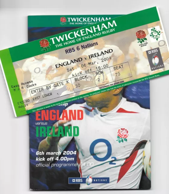 ENGLAND V IRELAND Rugby Match Programme and Ticket 2004 at Twickenham £
