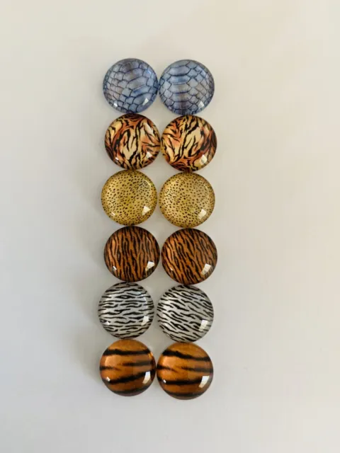 6 Pairs Of 12mm Animal Print Glass Cabochons #590