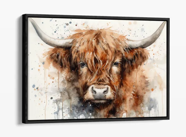Highland Cow Watercolour Splash -Deep Float Effect Framed Canvas Wall Art Print