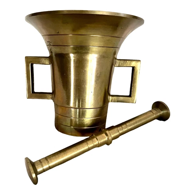 Vintage 5” Mortar 7” and Pestle Solid Brass Apothecary Pharmacy Heavy Metal