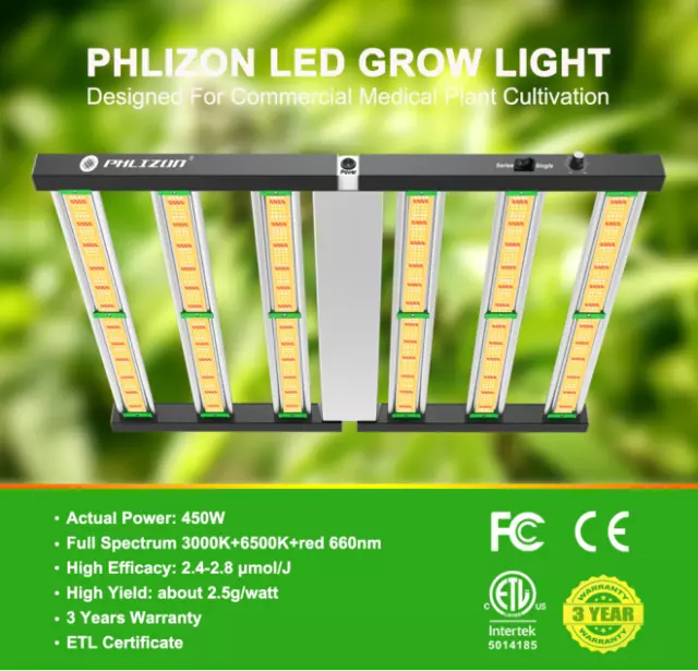 PHLIZON FD4500 450W LED Grow Light Vollspektrum für Zimmerpflanzen Veg Bloom IR