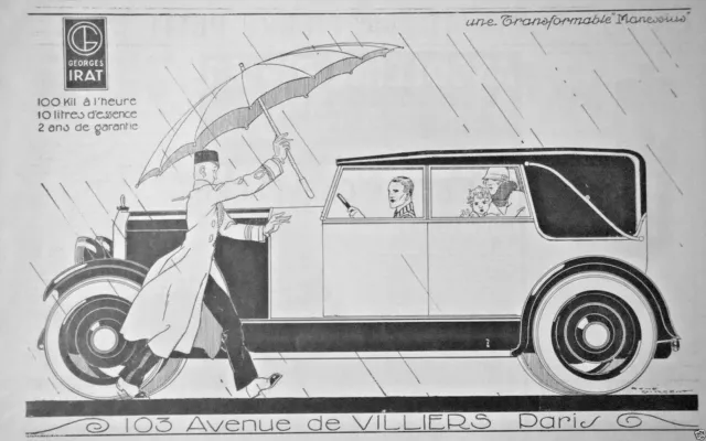 Publicité De Presse 1923 Georges Irat Une Transformable Manessius 10 L /100 Km/H