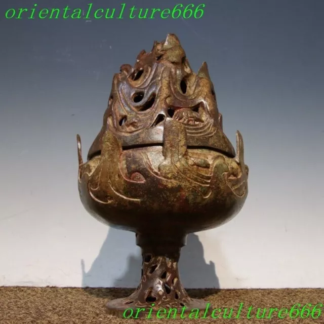 10"Chinese Buddhism temple Bronze ware Boshan joss Incense burner Censer statue