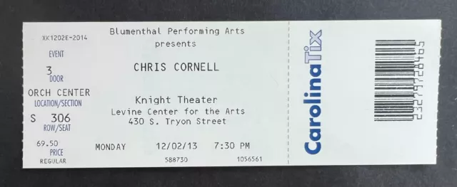 2013 Chris Cornell Ticket Stub 12/2/13 Knight Theater, Charlotte NC.