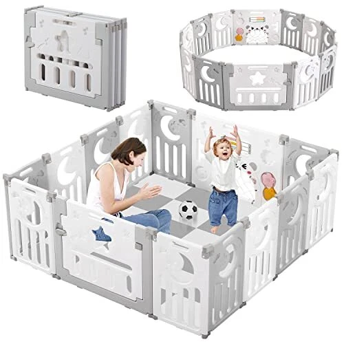 Baby Playpen,  Upgrade Foldable Kids Activity Centre 14 Panel - Grey + White