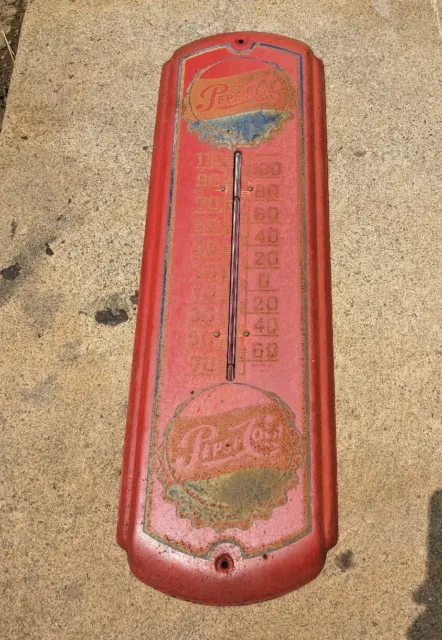 Vintage Pepsi Cola Thermometer 26" Tin Thermometer Sign - Patina
