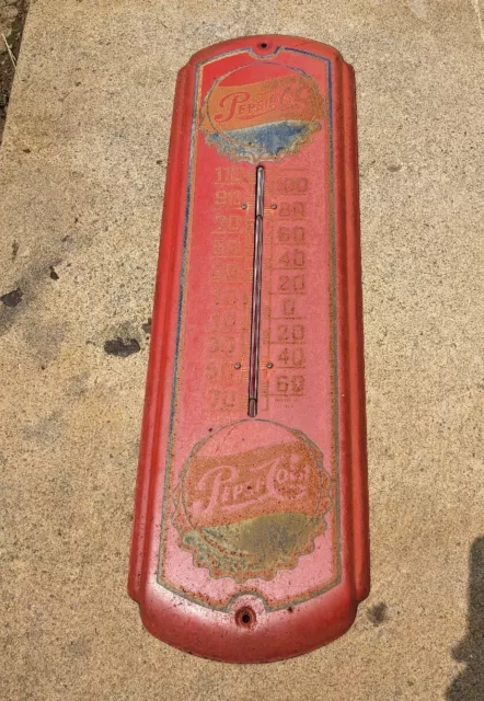 Vintage Pepsi Cola Thermometer 26" Tin Thermometer Sign - Patina