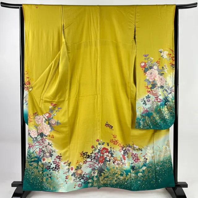 JAPANESE KIMONO FURISODE LONG SLEEVES LADIES WOVEN SILK 100％ Mustard color 161cm