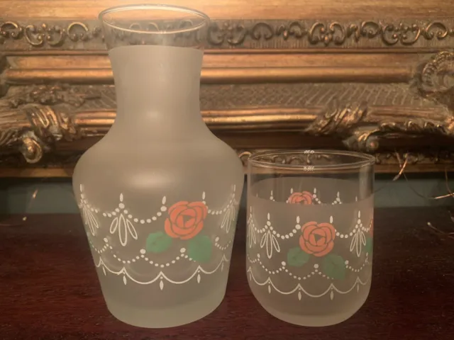 Vintage Frosted Glass Rose Patterned Beside Carafe