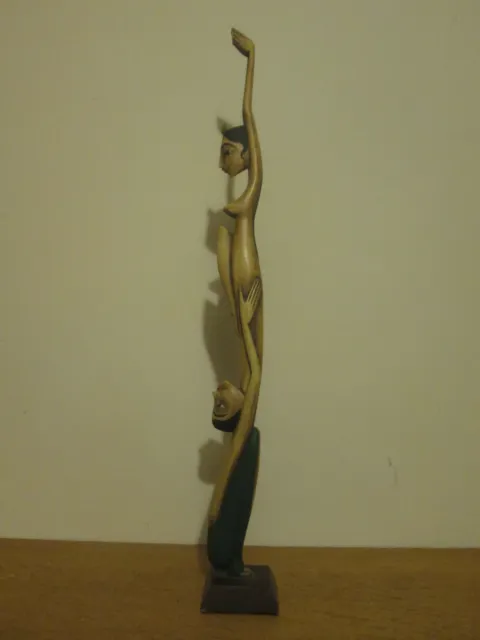Jolie Sculpture Couple Danseur Danseuse Indiens Art Tribal En Bois Peint Vintage