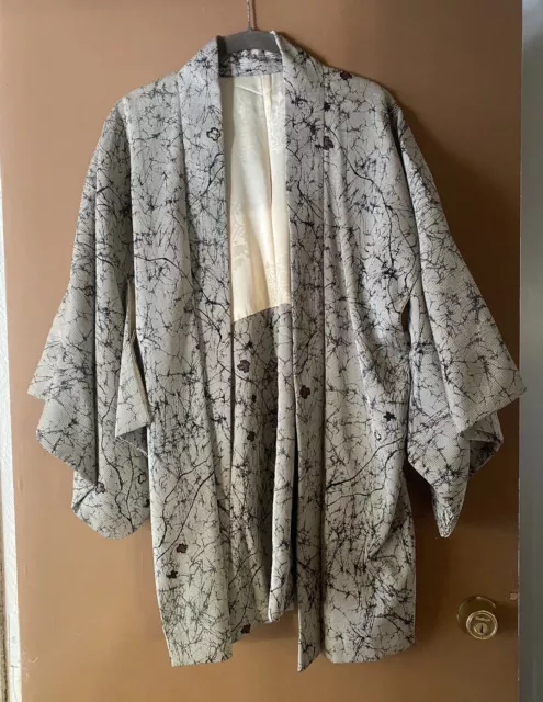 Vintage Silk Komon Kimono Abstract Pattern Black White Lined Unbranded EUC