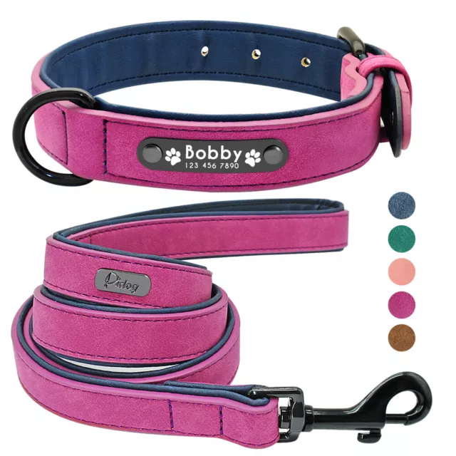 Padded Leather Dog Collar and Lead set with Personalised Engraved Name ID Tag