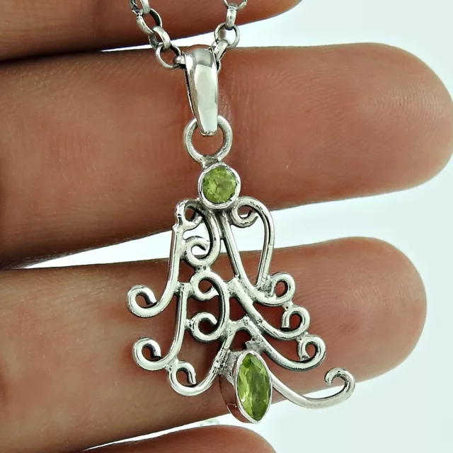 Natural Peridot Gemstone Pendant Vintage Green 925 Sterling Silver Jewelry C1