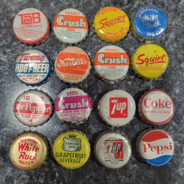 16 Different Vintage Soda Caps Coke, Pepsi, Crush, Squirt, 7UP, Twang, TAB