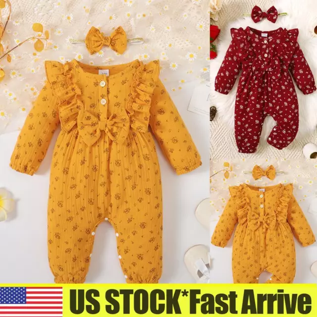 Newborn Baby Girl Floral Ruffle Romper Bodysuit Jumpsuit Headband Outfits Sets