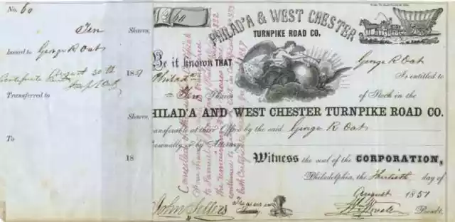 1857 Philad’a & West Chester Turnpike Stock Certificate