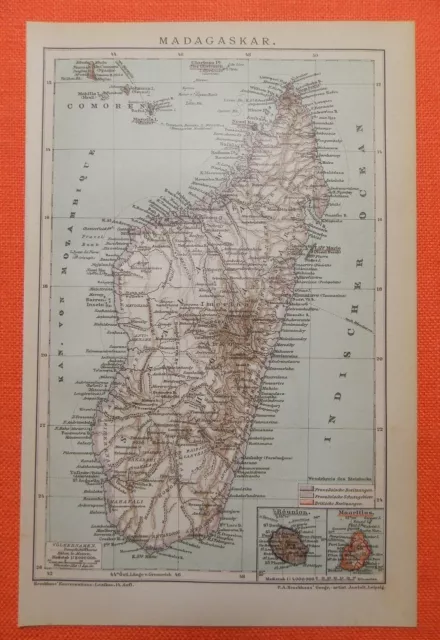 Madagaskar Mauritius Comoren Kolonien Landkarte von 1895