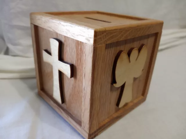 Wood Cube Coin Bank Handcrafted 3.5 Inches Applied Cross & Angel 3
